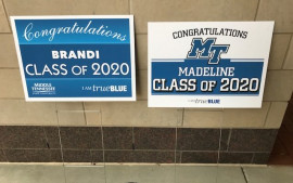 Samples of signs printed by BLUE print Solutions for graduates.