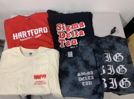 Samples of shirts that Print and Mail Services has created for various campus groups. 