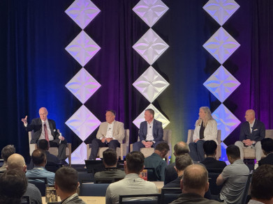 Moderator Marco Boer was joined for the keynote panel session by (from left) Chris Petro, sales vice president, Strategic Accounts, Canon USA; Dustin Graupman, senior director, Ink Jet Division, Kyocera Document Solutions America; Barbara MacManus, vice president and general manager, PageWide Industrial, HP; and Mark Little, senior director, Global Product Marketing, Ricoh.